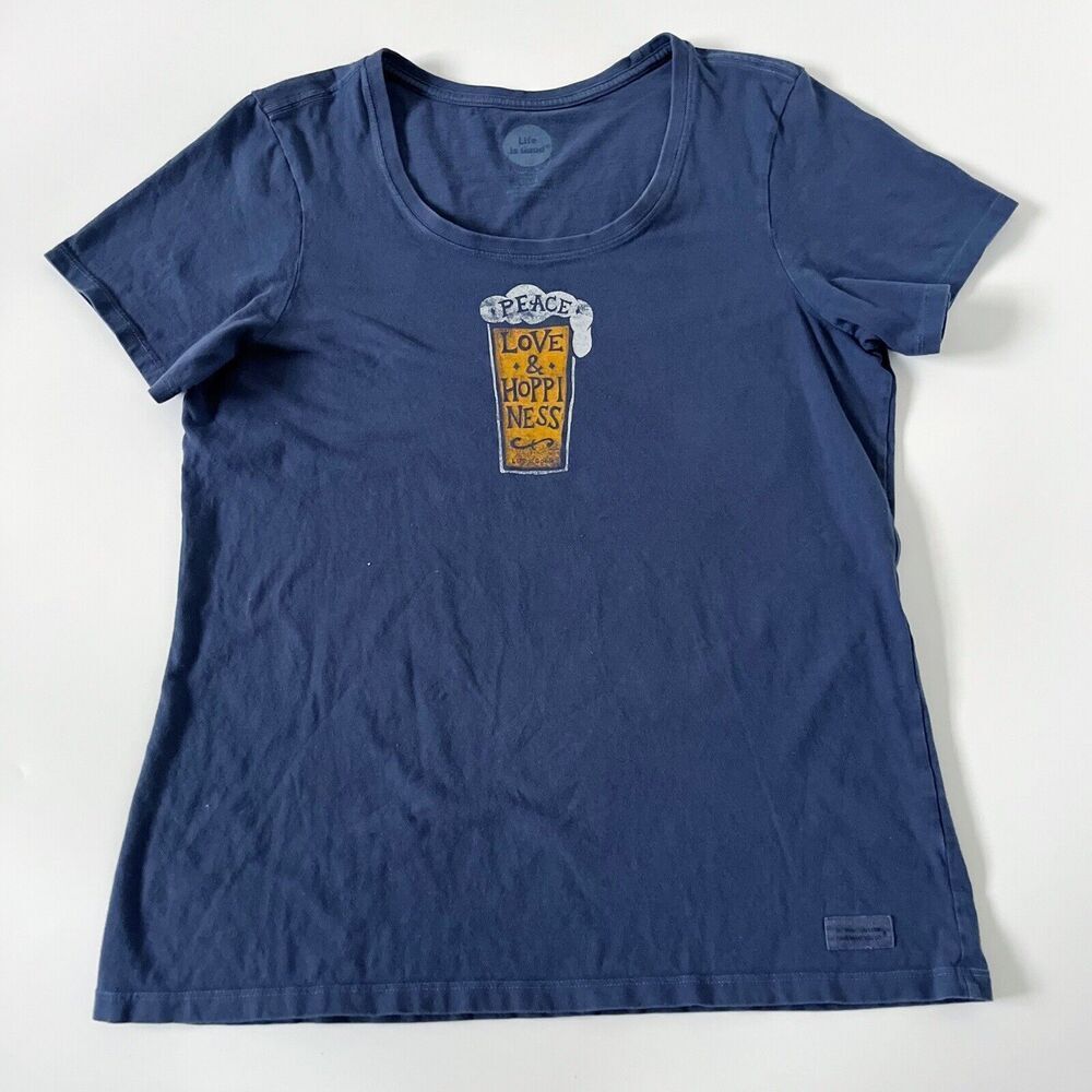 Life Is Good Peace Love & Hoppiness Beer Crusher Tee Shirt Top Blue L Large - Picture 2 of 10